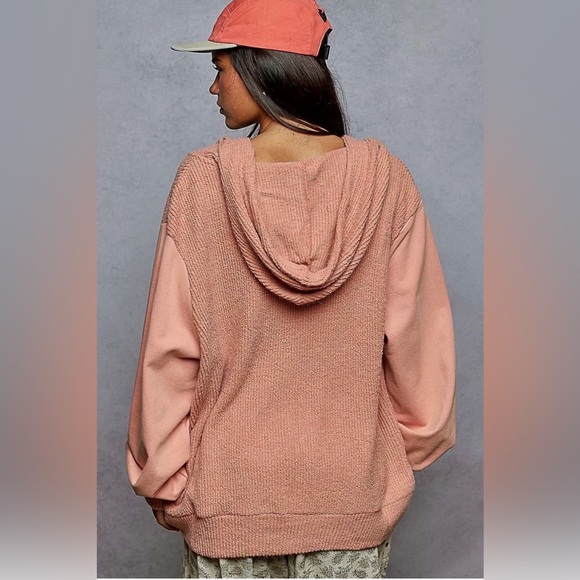 POL NWT Boho Granny Square Crochet Oversized Zip Hoodie L Vintage Wash Peach - Picture 4 of 16